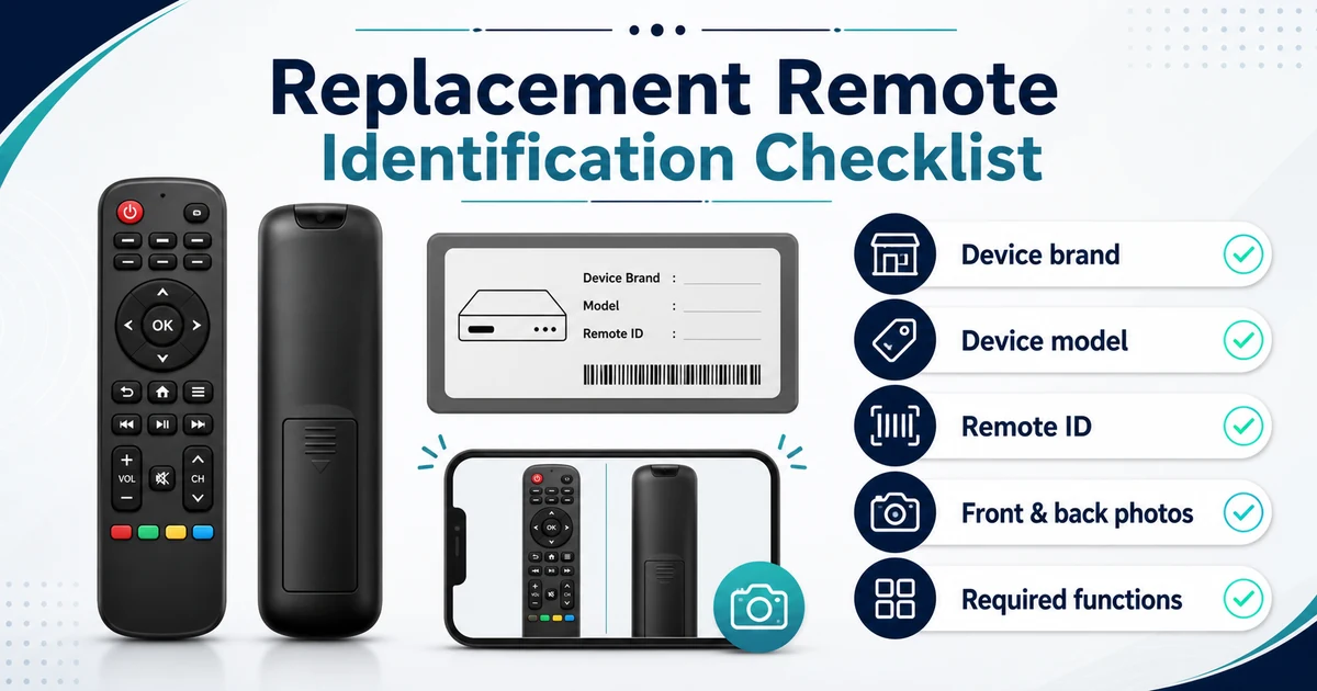 Checklist for identifying a replacement remote using device model, remote details and photos